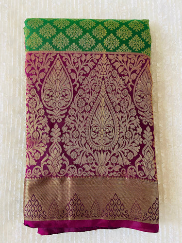 Kanchipuram/Kanchivaram handloom pure silk saree | parrot green and purple | Silk Mark | Ships from California